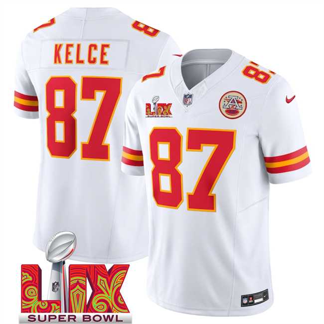 Men & Women & Youth Kansas City Chiefs #87 Travis Kelce White 2025 Super Bowl LIX Patch F.U.S.E. Vapor Limited Stitched Jersey->kansas city chiefs->NFL Jersey